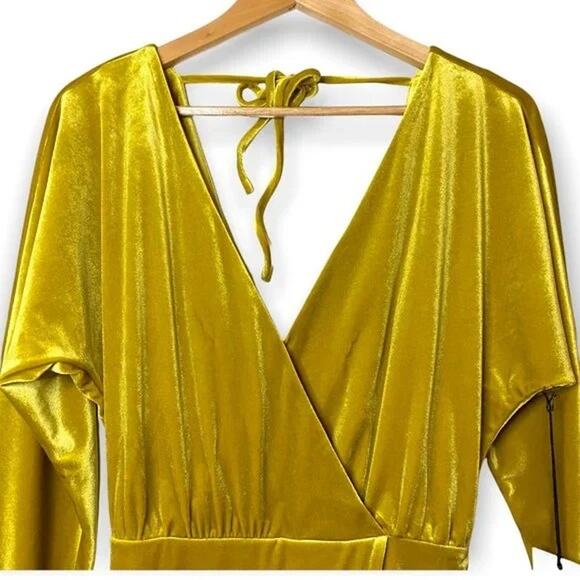 LPA Celeste Velvet Mini Dress Size S Faux Wrap Long Sleeve V-Neck Gold Party - Picture 5 of 15